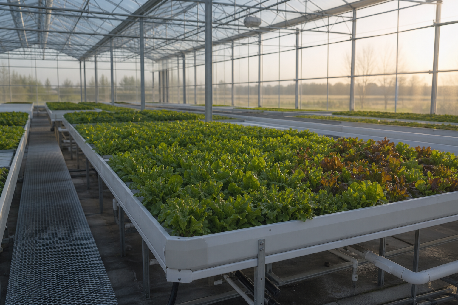 Greenhouse interior with growing beds under warm daylight