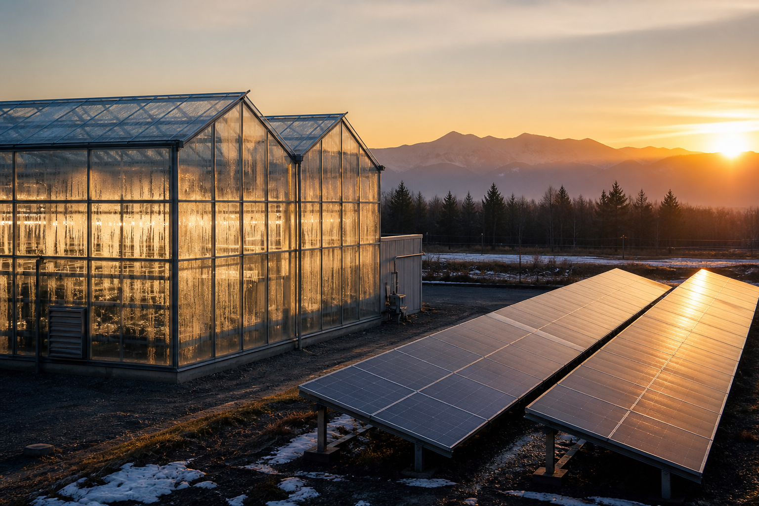 Greenhouse and solar installation at dawn